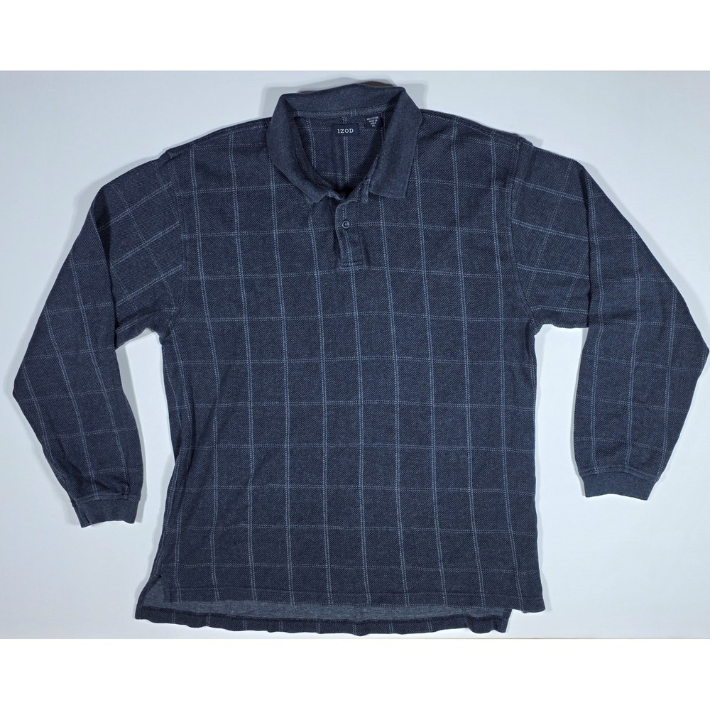 IZOD Men's XL Long Sleeve Polo Shirt Charcoal Grey Herringbone Windowpane Cotton
